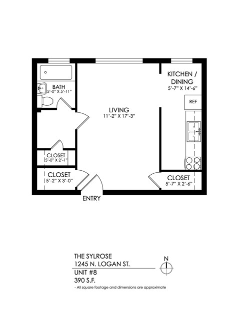 Floor plan for studio, 1 bath, 390 sqft